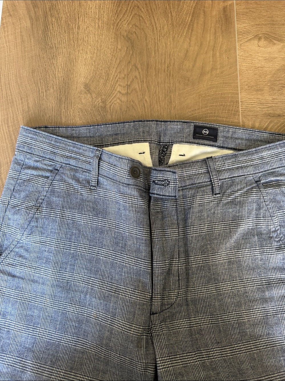 Ag Adriano Goldschmied Slim Plaid Jeans in Light Blue and Gray
